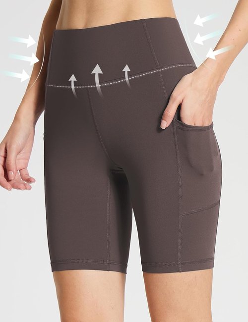 Baleaf Women's High-Waisted Spandex Biker Shorts - 8" Compression with Pockets | Brown XXXL