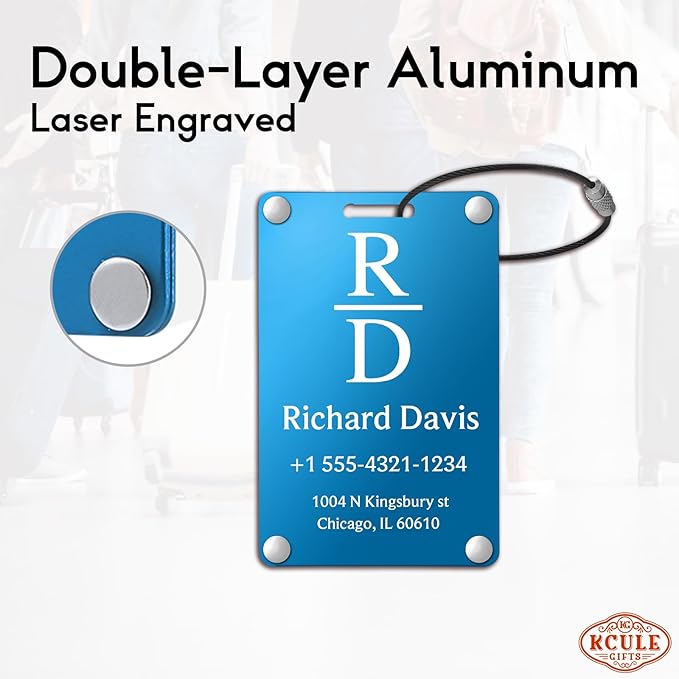 Personalized Luggage Tags for Suitcases - Monogram Style Aluminum Custom Luggage Tags for Backpacks & Bags, Sturdy, Waterproof & Heavy Duty (Blue/Card-Sized)