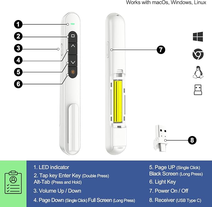 QUI Presentation Clicker with Volume Control, 2.4GHz USB Wireless Presenter