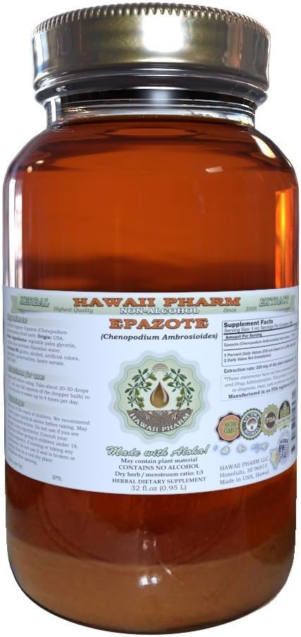 Epazote Alcohol-Free Liquid Extract, Epazote (Chenopodium Ambrosioides) Dried Herb Glycerite Hawaii Pharm Natural Herbal Supplement 32 oz Unfiltered
