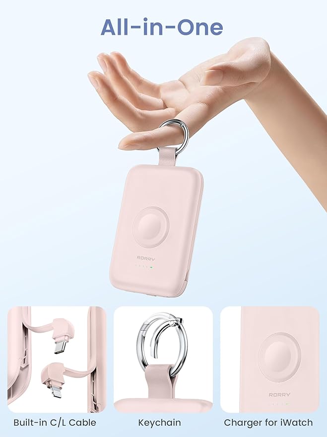 RORRY Portable Charger, 10000mAh PD 20W Fast Charging Portable Charger Power Bank with Built in Cables, Travel Battery Pack for iPhone and Apple Watch Ultra/11/10/9/8/7/6/5, Pink