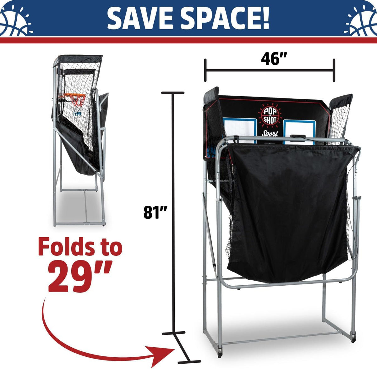 Pop-A-Shot - Dual Shot Arcade Basketball Game | 10 Game Modes & Paddle Scoring | Foldable Design for Easy Storage