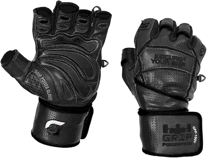 Elite Leather Gym Gloves with Built in 2" Wide Wrist Wraps Grip & Design for Weightlifting Power Lifting Bodybuilding & Strength Training Workout Exercises
