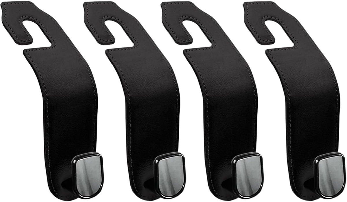 Leather Seat Headrest Hook, 4 Pack Purses and Bags Holder Hanger for Car Groceries Organization Accessories, Black