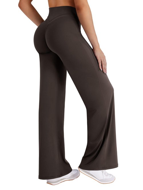 HIGORUN Straight Leggings Bottoms High Waisted No Front Seam Workout Leggings for Women 31" Wide Leg Casual Gym Yoga Pants Dark Brown
