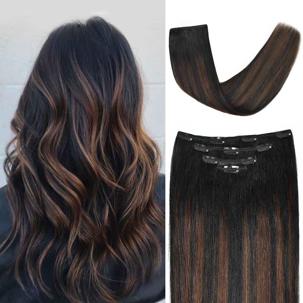 20'' Clip In Hair Extensions Remy Human Hair For Women - Silky Straight Balayage Clip On Real Hair Extensions 75Grams 4Pieces (2