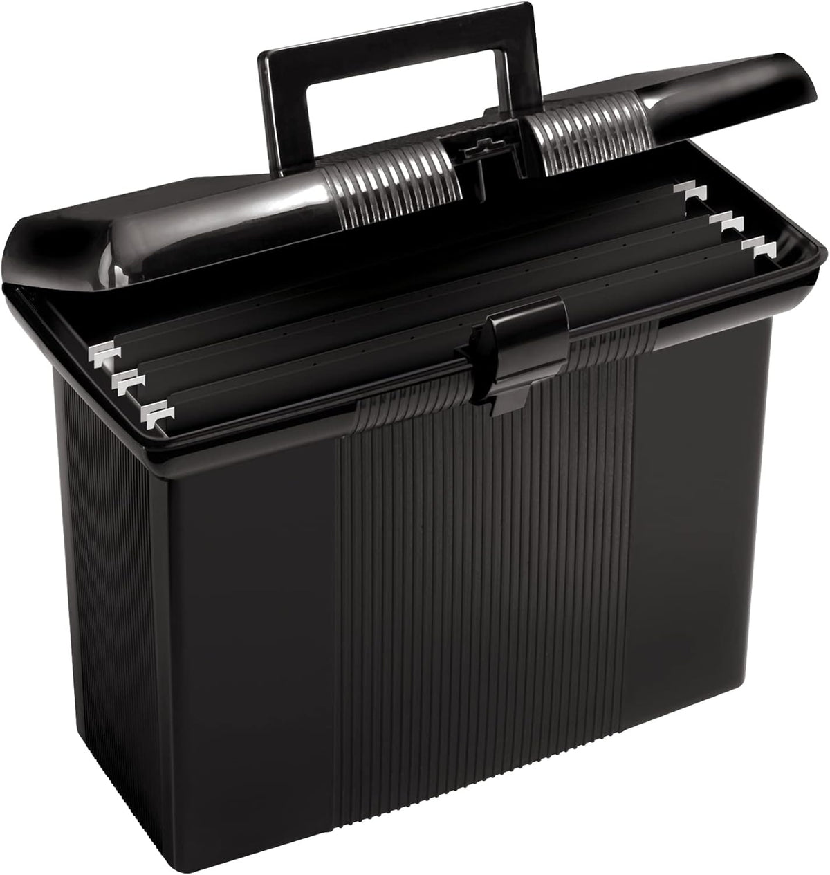 Pendaflex Portable File Box with File Rails, Hinged Lid with Double Latch Closure, Black, 3 Black Letter Size Hanging Folders Included (41732AMZ)