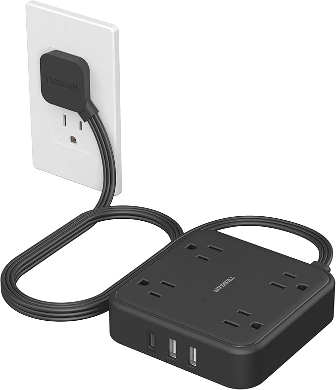 TESSAN Surge Protector Flat Extension Cord 5Ft, Flat Plug Power Strip with 4 Outlets 3 USB Ports (1 USB C), 900 Joules Protection, Multiple Wall Outlet Extender Suitable for Home Office Dorm, Black