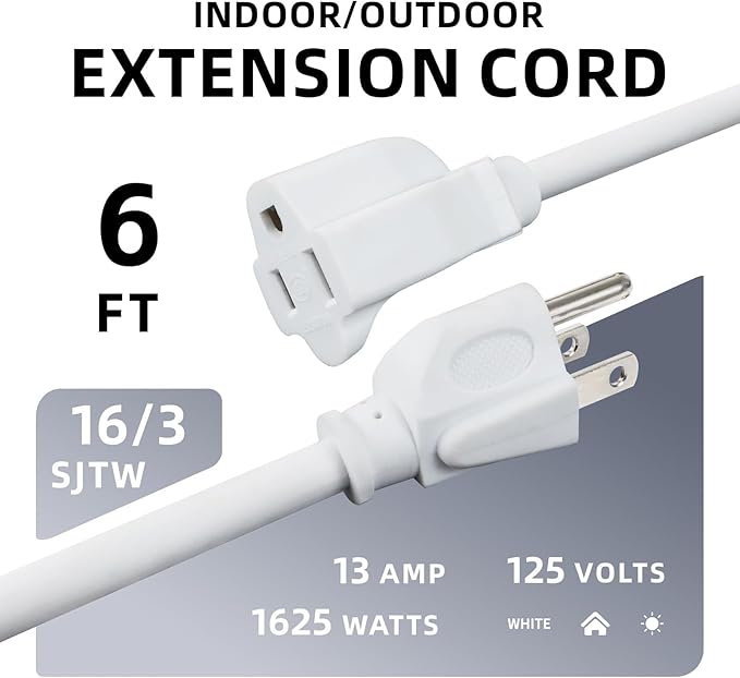 EP 6 Ft Outdoor Extension Cord - 16/3 SJTW White Electrical Cable with 3 Prong Grounded Plug, UL Listed
