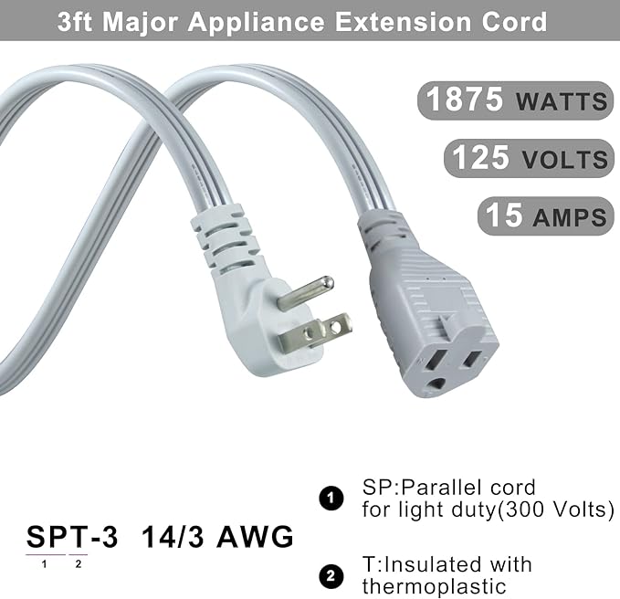 KUNCAN Appliance Power Extension Cord - 3 Prong Flat Wire SPT-3 14 AWG Heavy Duty Male to Female Extender Low Profile Grounded Cable for Major AC Unit, Air Conditioner, Refrigerator (3 Feet)