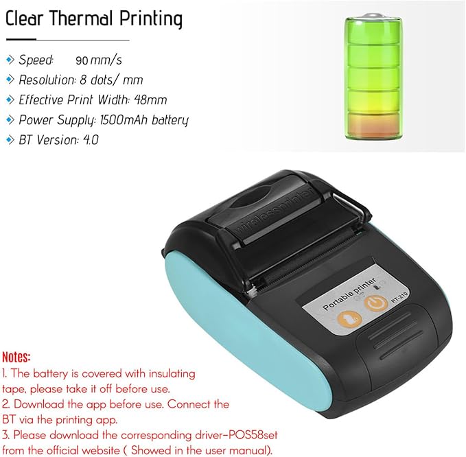 Thermal Receipt Printer, PT-210 58mm Portable Thermal Printer Handheld Ticket