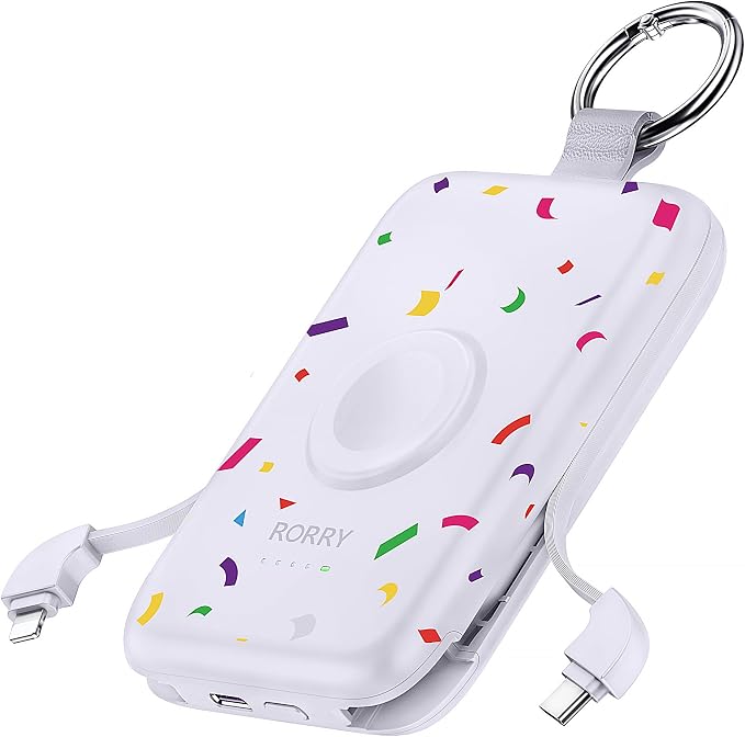 RORRY Portable Charger, 10000mAh PD 20W Fast Charging Portable Charger Power Bank with Built in Cables, Travel Battery Pack for iPhone and Apple Watch Ultra/11/10/9/8/7/6/5, Confetti-Purple
