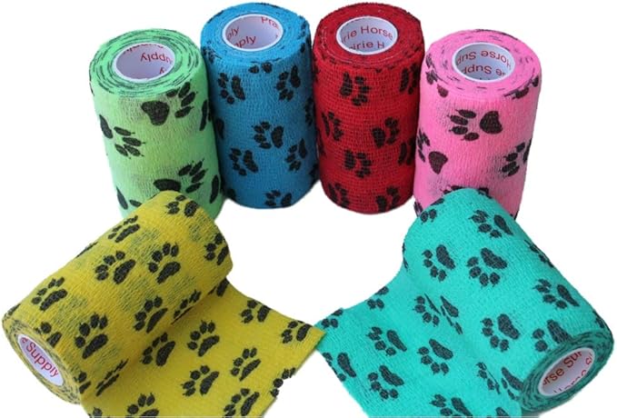 Prairie Horse Supply 3 Inch Vet Wrap Tape Bulk (Assorted Paw Prints and Patterns) (Pack of 12) Self Adhesive Adherent Adhering Flex Bandage Grip Roll for Dog Cat Pet
