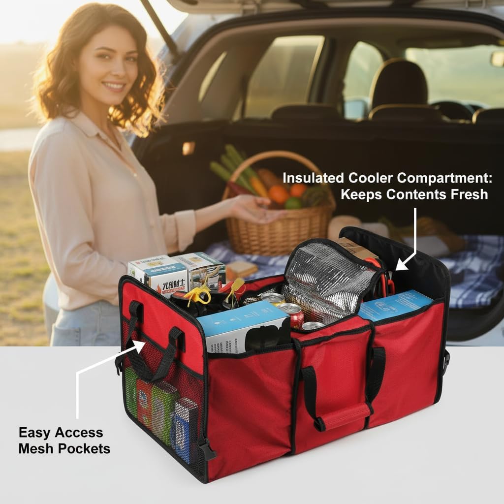 Vehicle Owners Red Collapsible Insulated Trunk Organizer 3-Compartment Car Cargo Storage Box Cooler for Groceries Camping & Road Trips All Season