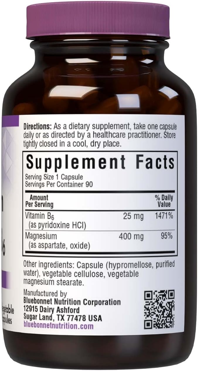 Bluebonnet Nutrition Magnesium & B6 – 400 mg Magnesium Oxide & Aspartate with Vitamin B6 25 mg – Heart & Brain Magnesium Complex for Women & Men* - Non-GMO, Vegan, Gluten-Free - 90 Vegetable Capsules