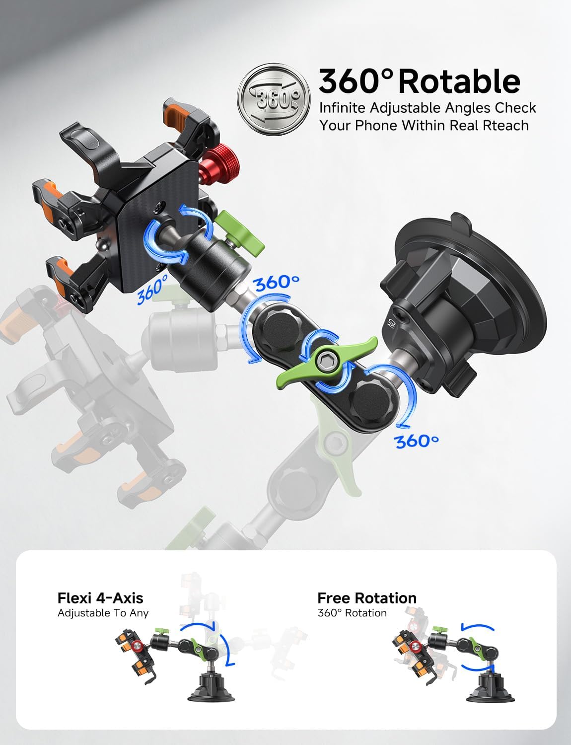 MAGIC JOHN Metal Car Phone Holder 360° Rotation Suction Mount Windshield