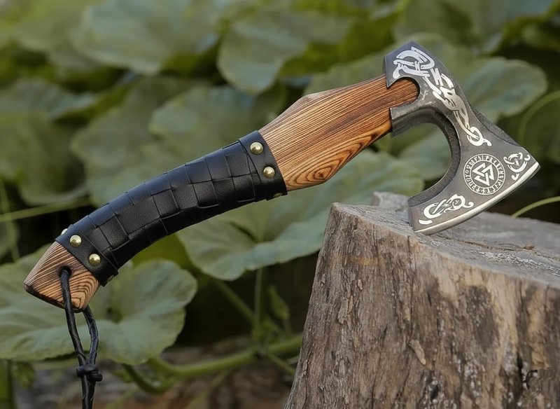Viking Axe Ashwood Handle Handmade Carbon Steel Blade, Outdoor Camping Hunting, Norse Hatchets Axes, with Black Leather Wrapped Handle & Leather Sheath Wood Splitting Axes