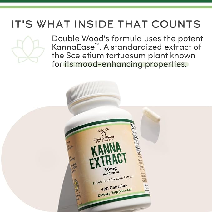 Kanna Extract Supplement (Sceletium Tortuosum) - 50mg Per Capsules, 120 Count - for Relaxation and Peace of Mind (Min .4% Total Alkaloids) Non-GMO, Gluten Free, Vegan Safe by Double Wood