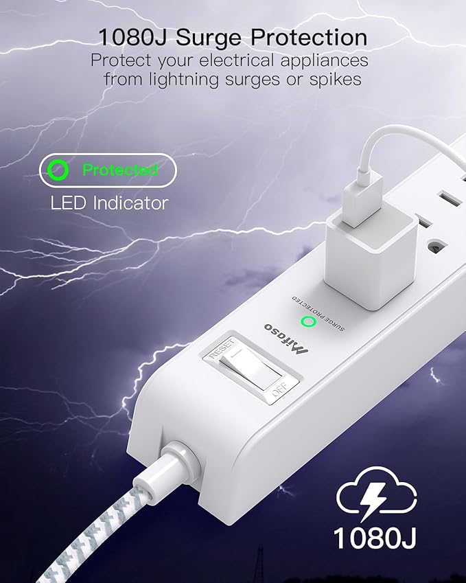 2 Pack 15Ft Extension Cord - Surge Protector Power Strip with 6 Outlets 4 USB Charging Ports, Flat Plug, Overload Protection, Office Supplies, Wall Mount for Home, Dorm Room Essentials