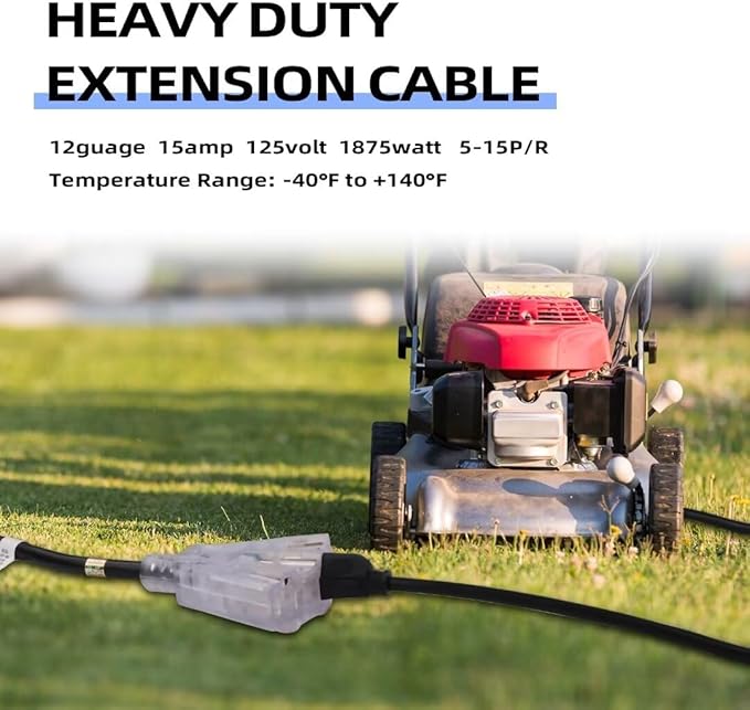 10 Ft Lighted Outdoor Extension Cord with 3 Electrical Power Outlets - 12/3 SJTW Heavy Duty Black Extension Cable with 3 Prong Grounded Plug for Safety, UL Listed