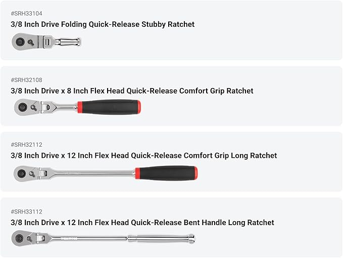 TEKTON 3/8 Inch Drive Quick-Release Comfort Grip Ratchet, L-Handle, and Breaker Bar Set (10-Piece) | SDR99102