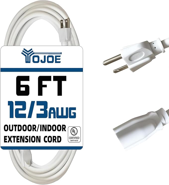 YOJOE Indoor Outdoor Extension Cord, 3 Prong 15A Weatherproof Power Cord, 12 Gauge Heavy Duty 6 ft White Extension Cord for Garage, Garden and Home, 12/3 SJTW UL Listed