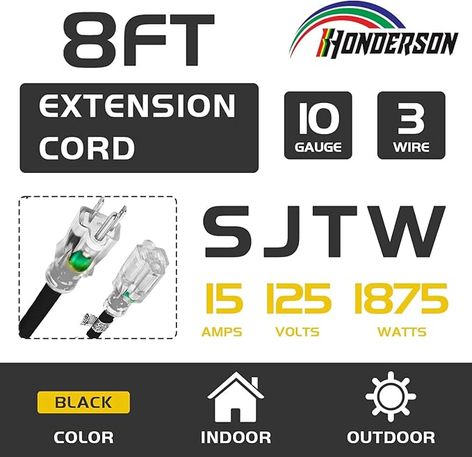 Indoor Outdoor Extension Cord Weatherproof with Lighted End, UL Certified, 10 Gauge 8FT Black 3 Prong Heavy Duty, 10/3 SJTW 15A Power Cord for Outdoor Lights, Lawn