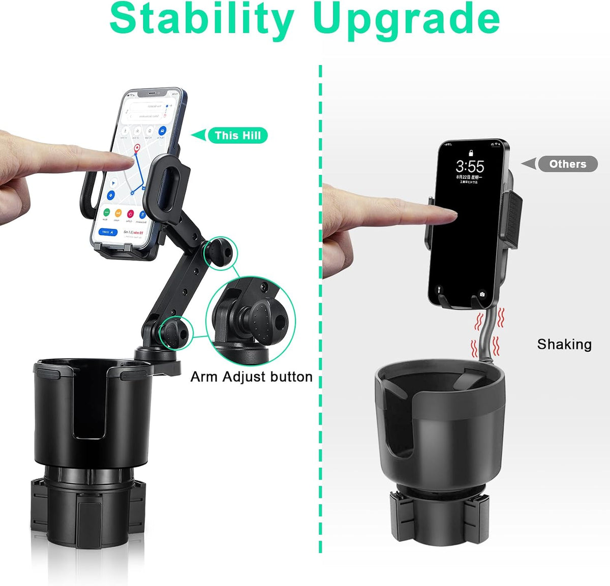 This Hill Car Cup Holder Expander Adjustable Base with Phone Mount 360° Rotation Cup Holder Cell Phone Holder for Car Compatible with iPhone All Smartphones