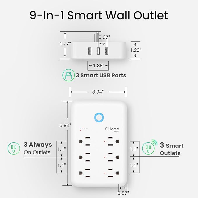 GHome Smart Plug Outlet Extender, USB Wall Charger with 3 Individual Smart Outlets and 3 Smart USB Ports, Works with Alexa Google Home, Surge Protector Plug Extender for APP Control,15A/1800W