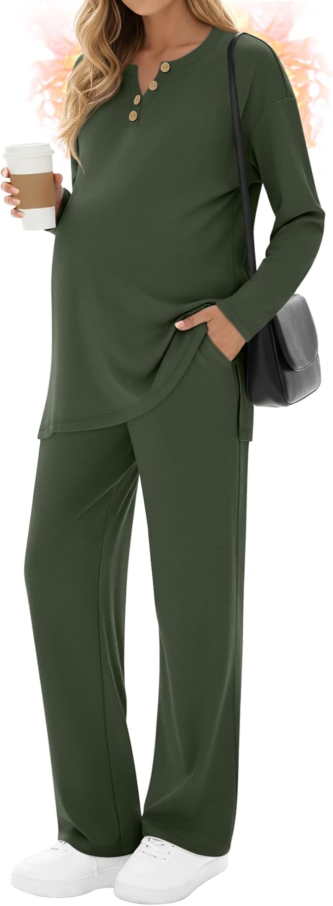 2 Piece Thermal Maternity Lounge Set Postpartum Pregnancy Fleece Loungewear Long Sleeve Top and Wide Leg Pant