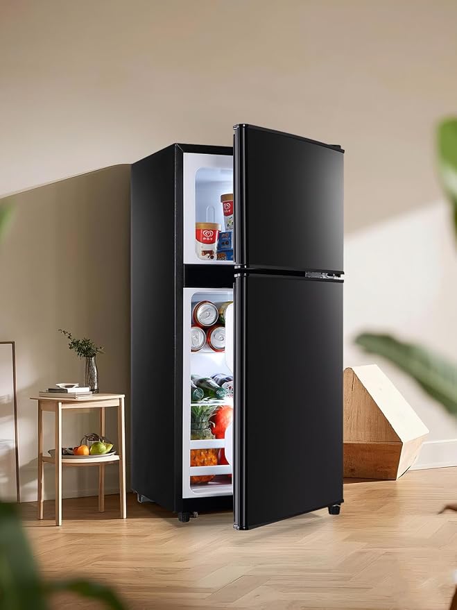 F.W.WOOLWORTHS 3.5 Cu.Ft Refrigerator with Freezer | Compact Fridge with 2 Doors for Office, Kitchen, Dorm and Bedroom, 7 Level Temp Adjustable Thermostat, Black