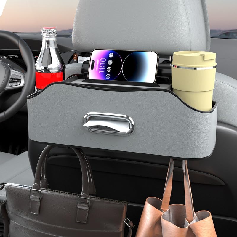 Back Seat Cup Holder for Car – Multifunctional Seat Back Organizer with Drink Holders, Tissue Box Storage & Hooks, Fits Headrest for Auto. (Gray)