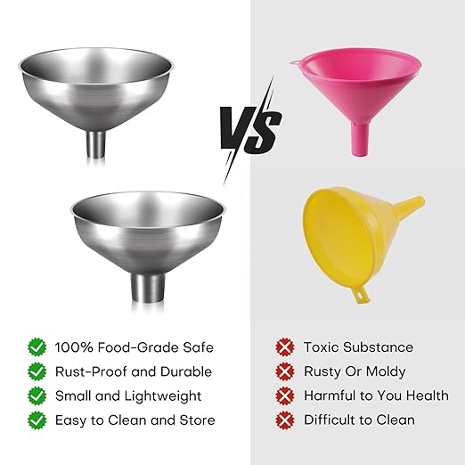 Serinar 2-Piece Stainless Steel Kitchen Funnel Set with 1-Inch and 0.5-Inch Ports for Transferring and Filling Liquids, Coffee Beans, Spice Blends, and Powders Easy to Clean!
