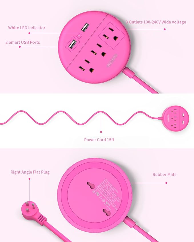 Pink Extension Cord 25ft, NTONPOWER Flat Plug Power Strip with Long Extension Cord, 3 Outlet 2 USB Compact Desktop Charging Station Wall Mount for TV Living Room, Dorm, Office and Nightstand