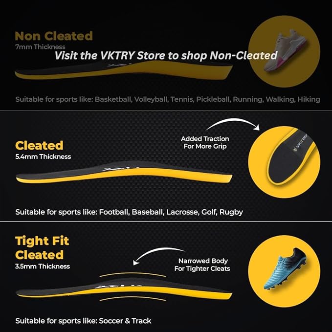 VKTRY Gold for Cleated Shoes - Carbon Fiber Performance Insoles Customized Athletic Inserts for Football, Baseball, Soccer, Golf, Lax & More | Run Fast, Jump High, US M15-15.5, W17-17.5, 121-170lb