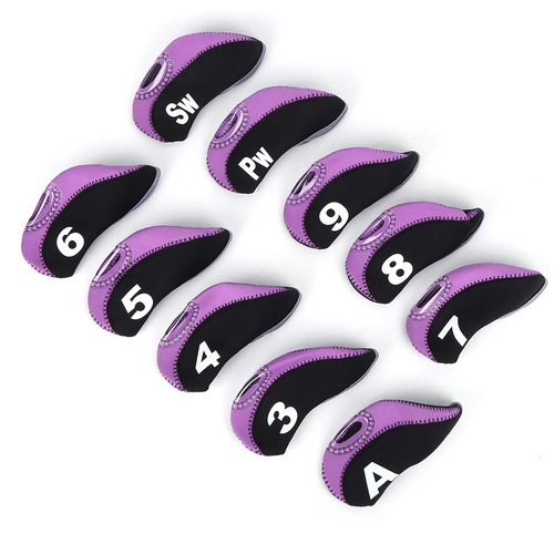 HilBeliFU 10Pcs Head Covers for Golf Clubs, Neoprene Golf Iron Covers Set with Number Convenient, Soft Universal Iron Club Head Cover for Outdoor, Sports Lovers, Black Purple