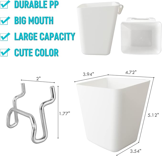G.CORE Large Pegboard Cups Peg Board Storage Bin 6 Pack with Hooks, Square Box Shape Pegboard Cup Holder Accessories for Garage Workbench/Craft Room/Office/Playroom/Home Kitchen Organization (White)