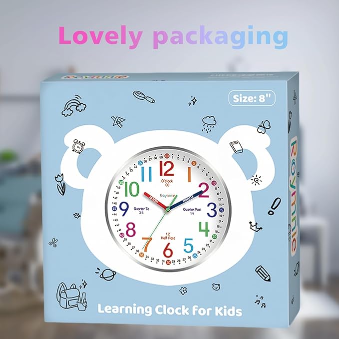 Roymnie Wall Clock for Kids Learning to Tell Time Easily Non Ticking Battery