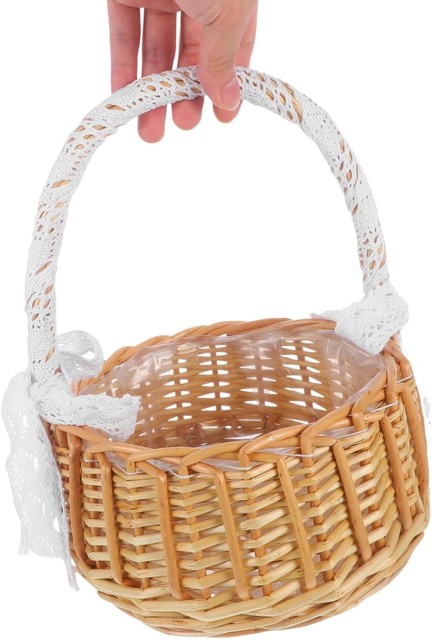 Cabilock Jacquard Woven Wicker Flower Girl Basket with Single Handle 10.23X7.87X7.87 Inch Portable Rattan Basket for Easter Party Ceremony Home Decor