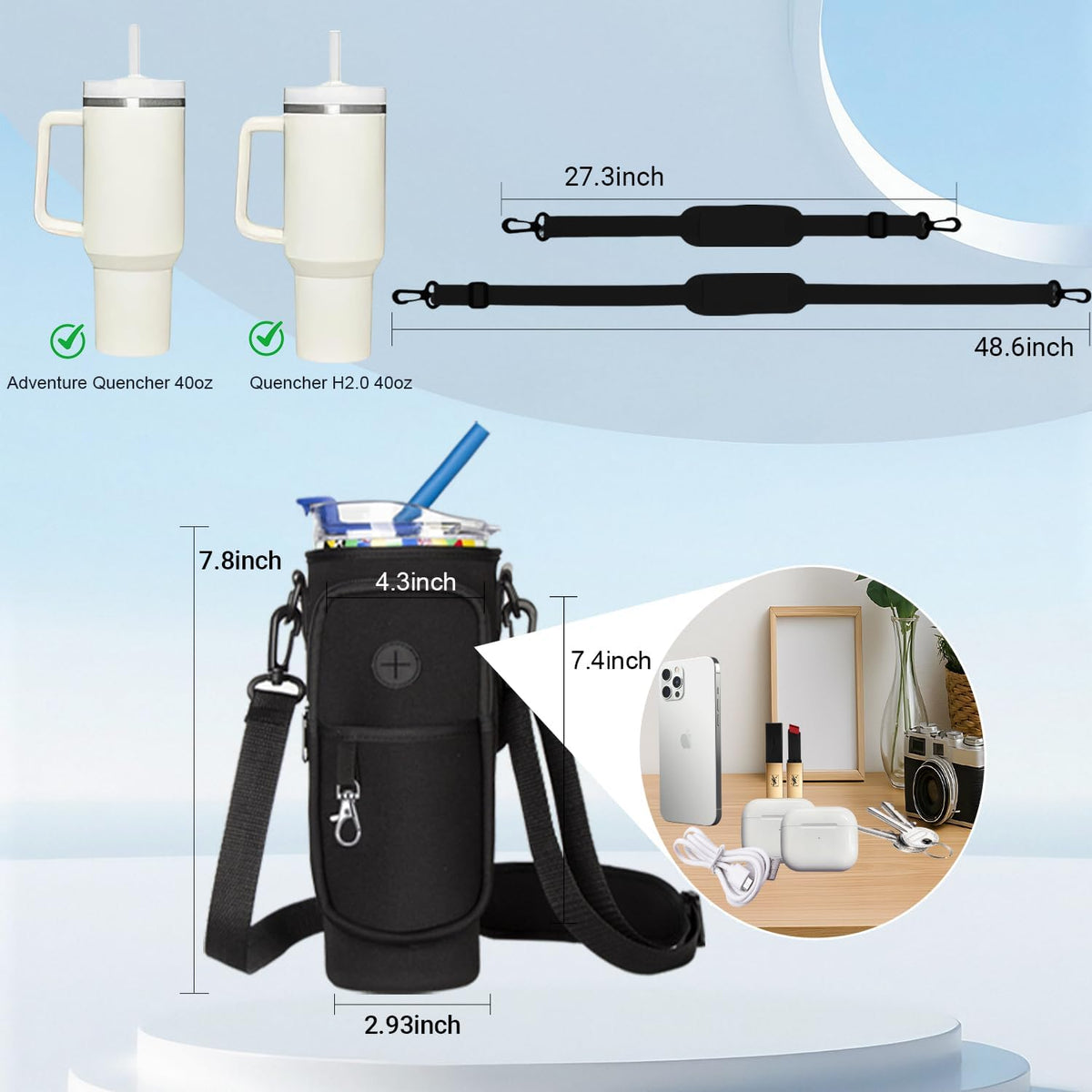 Regine Switzerland Water Bottle Carrier Bag - Neoprene Holder for Stanley Cup 40oz | Adjustable Strap