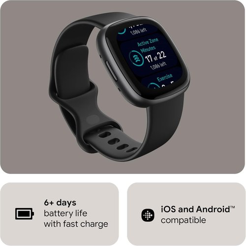 Fitbit Versa 4 Fitness Smartwatch - Daily Readiness, GPS, 24/7 Heart Rate, Black/Graphite, One Size (S & L Bands)