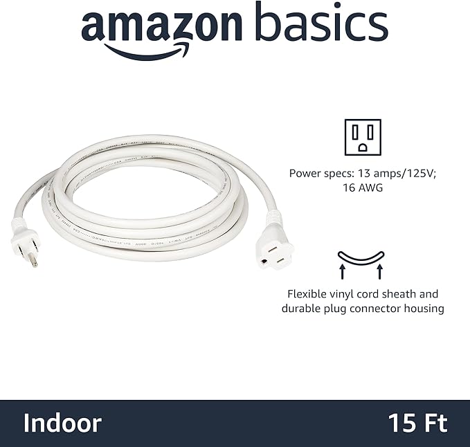 Amazon Basics 3-Prong Extension Cord for Indoor Use, Outlet Extender, Indoor Power Extension Cord, 13 Amps, 125V, 15 Foot, White