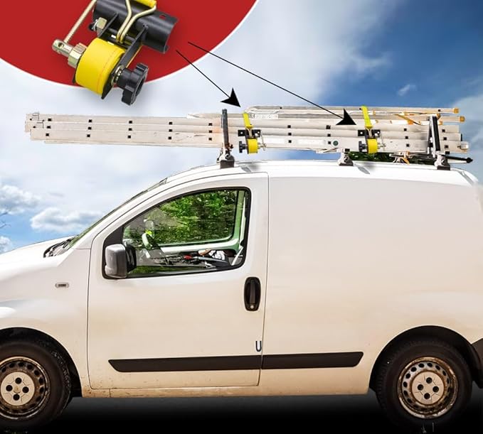 Mytee Products 4 Pack 1-1/2"x7' Yellow Ladder Rack Ratchet Straps with J-Hook (Pair) - 500 lbs 2" Black Round Tube Mount - Retractable Ratchet Tie Down Strap for Roof Rack