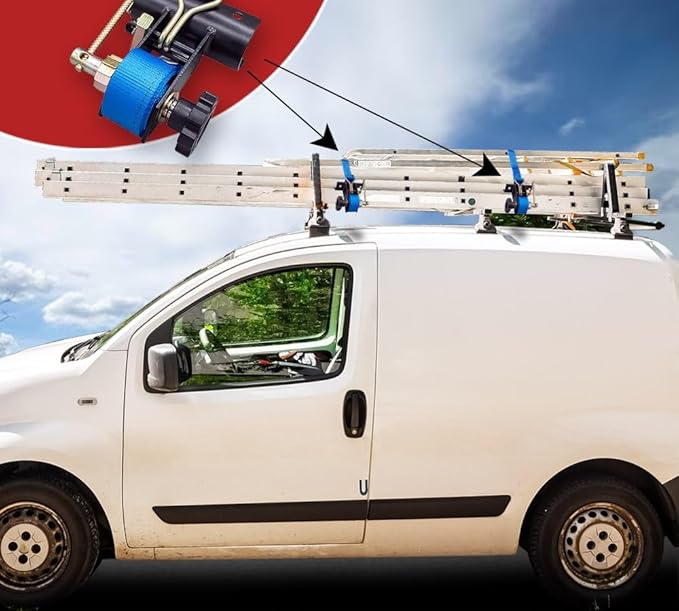 Mytee Products 4 Pack 1-1/2"x7' Blue Ladder Rack Ratchet Straps with J-Hook (Pair) - 500 lbs 2" Black Round Tube Mount - Retractable Ratchet Tie Down Strap for Roof Rack