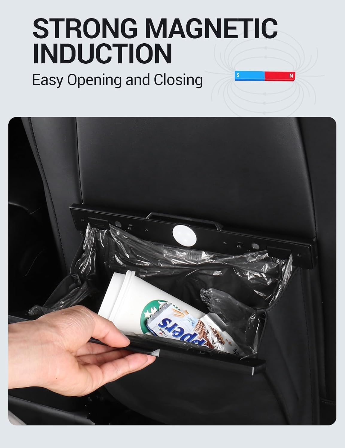 Leather Car Trash Can with LED Light & Lid for Tesla Model 3/Y/S/X – Hanging Seat Back Waste Bin, Waterproof, Black
