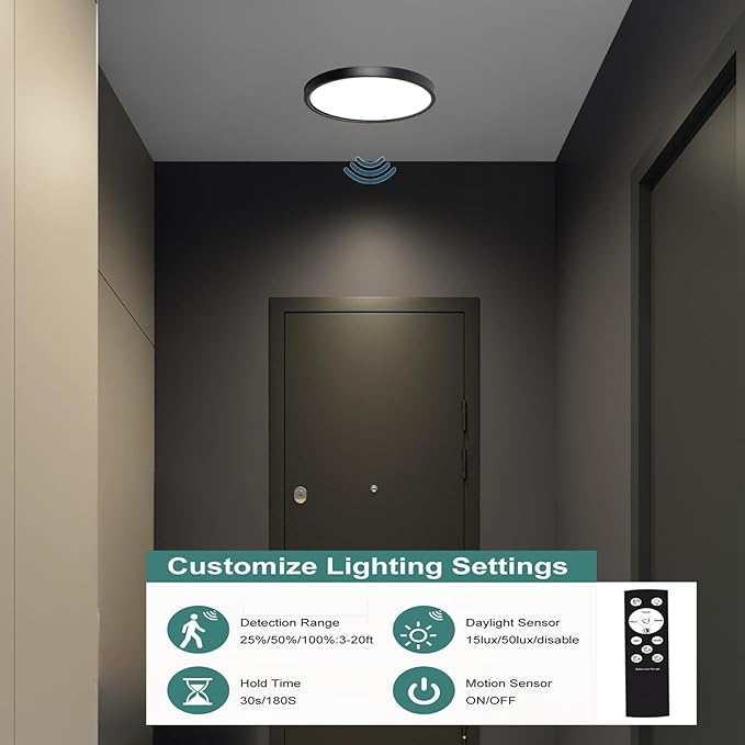 7 Inch Motion Activated Closet Light, Flush Mount Light Fixture, Motion Sensor Ceiling Light Wired for Hallway Porch Laundry Garage Basement, 3000k/4000k/6000k Black