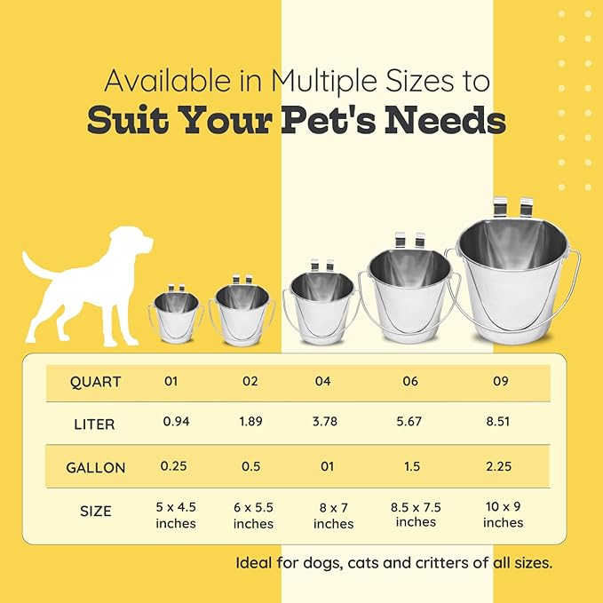 6 quart Stainless Steel Flat Sided Bucket with Dual Hooks | 1.5 gal Durable Food & Water Bowl for XL Dog Goat Sheep & Livestock | Fits kennel Cage Critter Crate | Hanging Utility Pet Pail