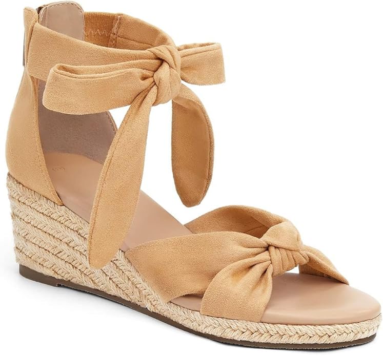 LAICIGO Womens Espadrilles Wedge Sandals Back Zipper Closure Open Toe Platform Ankle Strap Summer Dress Shoes with Bow