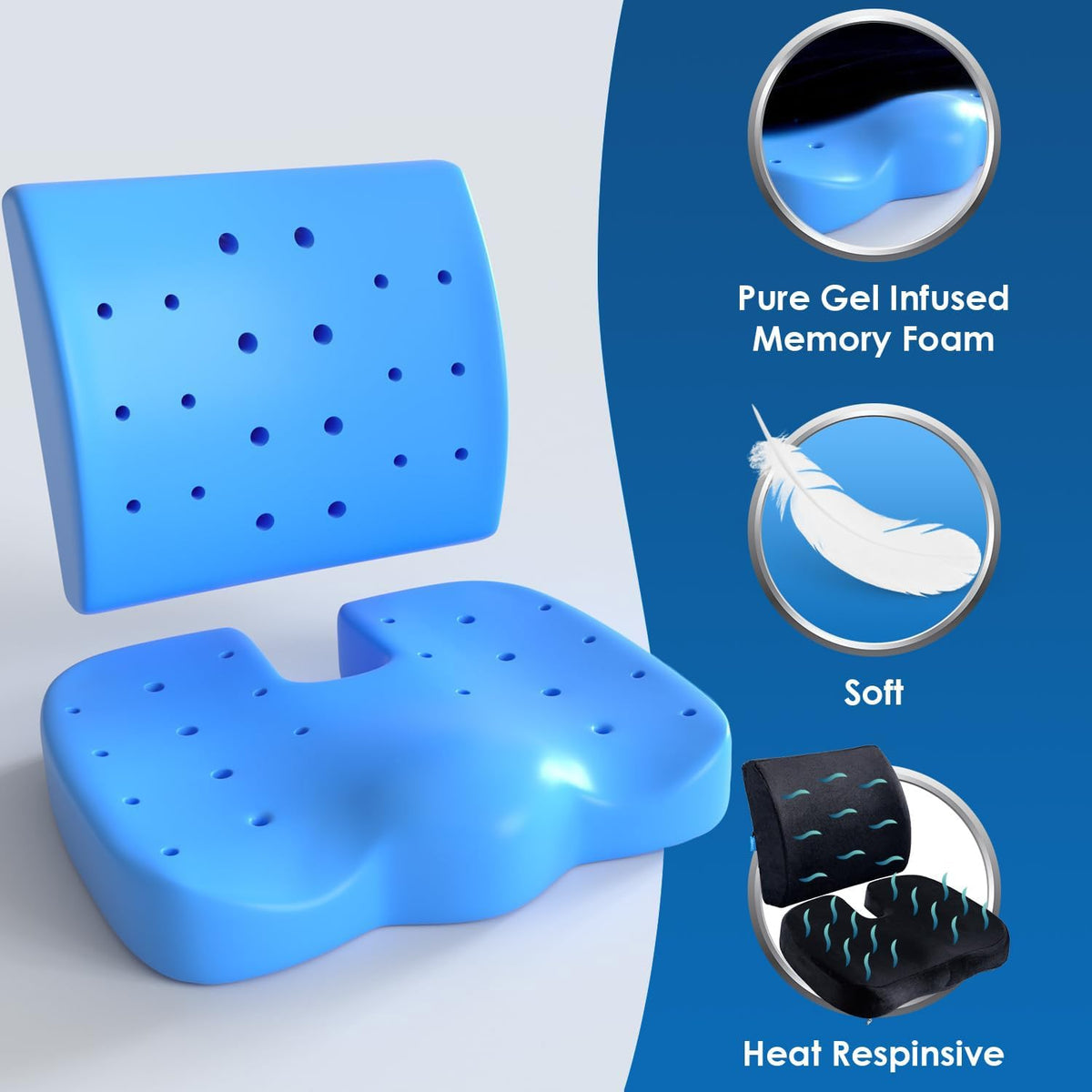 Memory Foam Seat Cushion & Lumbar Support Pillow for Office Chair Car Wheelchair Orthopedic Chair Pad and Back Cushion with Adjustable Straps for Lower Back, Tailbone, Sciatica, Hip Pain Relief