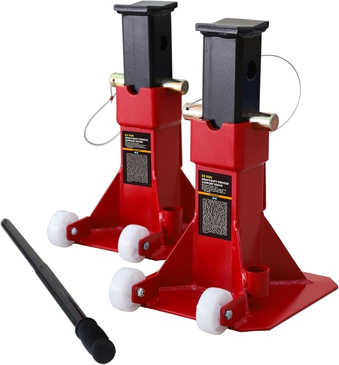 Torin ATZ220006PB Heavy Duty Jack Stands: Pin Style Jack Stand with 2 Casters and Handle, Easily Portable Car Stand for Car SUV, Truck and Pick Up, 22 Ton (44,000 lb) Capacity, Red